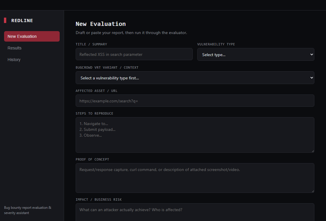 Redline app: the New Evaluation screen with report fields and a CVSS calculator